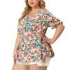 Agnes Orinda Women's Plus Size Blouse Floral Ruffle Sleeve Faux Wrap Peplum Top