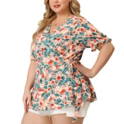 Agnes Orinda Women's Plus Size Blouse Floral Ruffle Sleeve Faux Wrap Peplum Top