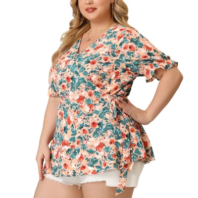 Agnes Orinda Women's Plus Size Blouse Floral Ruffle Sleeve Faux Wrap Peplum Top 1 Agnes Orinda Women's Plus Size Blouse Floral Ruffle Sleeve Faux Wrap Peplum Top