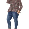 Agnes Orinda Women's Plus Size V Neck Button Up Ruffle Floral Long Sleeve Tunic Peplum Blouse