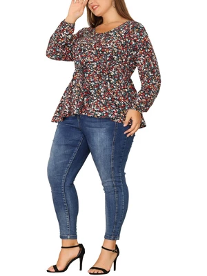 Agnes Orinda Women's Plus Size V Neck Button Up Ruffle Floral Long Sleeve Tunic Peplum Blouse 1 Agnes Orinda Women's Plus Size V Neck Button Up Ruffle Floral Long Sleeve Tunic Peplum Blouse