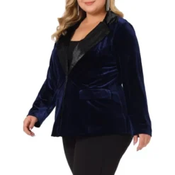 Agnes Orinda Women's Plus Size Velvet Vintage Evening Sparkle Button Contrast Notched Lapel Suit Blazers