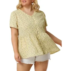 Agnes Orinda Women's Plus Size V Neck Ruffle Hem Short Sleeve Cinched Waist Floral Peplum Top -Agnes Sales Store GUEST 01707b81 61b0 4067 92c6 53d0a390edc2
