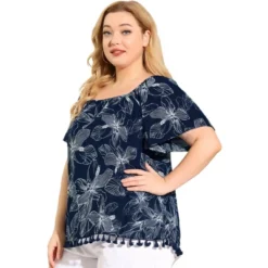 Agnes Orinda Women's Plus Size Blouse Floral Off Shoulder Tassel Hem Casual Top -Agnes Sales Store GUEST 022991f9 faff 4323 910f 5c569b7544dc