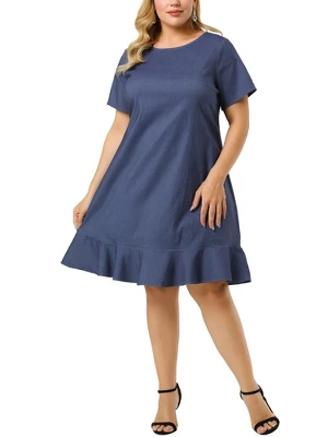 Agnes Orinda Women's Plus Size Cross Back Ruffle Hem Formal Chambray Dresses 6 Agnes Orinda Women's Plus Size Cross Back Ruffle Hem Formal Chambray Dresses - Image 6