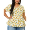 Agnes Orinda Women's Plus Size Blouse Casual V Neck Lemon Floral Peplum Top