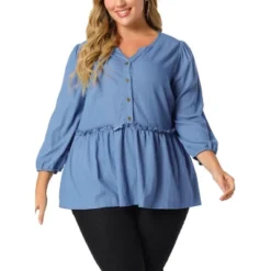 Agnes Orinda Women's Plus Size Peplum Top Pullover Puff Sleeve High Waist Chambray Blouse -Agnes Sales Store GUEST 05ac536e 7577 4403 9711 f0b6d620950a