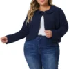 Agnes Orinda Women's Plus Size Business Office Long Sleeve Peter Pan Crop Cardigans