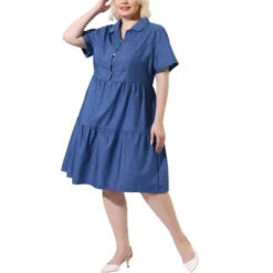 Agnes Orinda Women's Plus Size Babydoll Half Placket Elastic Back Button Chambray Dresses -Agnes Sales Store GUEST 06be8c97 b0d9 4560 b047 362b25fa672c