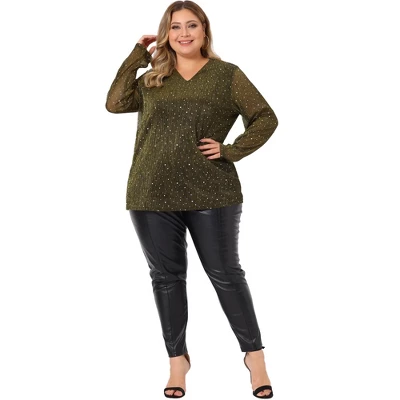Agnes Orinda Women's Plus Size Rhinestone Glitter Sheer Long Sleeve V Neck Blouse 2 Agnes Orinda Women's Plus Size Rhinestone Glitter Sheer Long Sleeve V Neck Blouse - Image 2