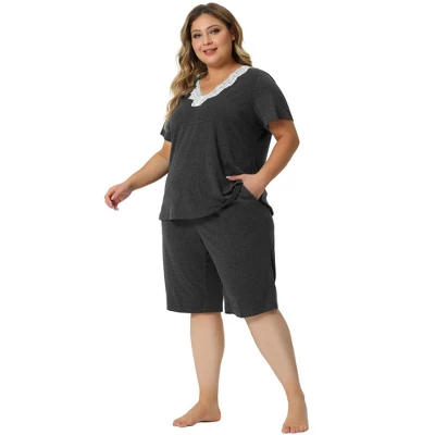 Agnes Orinda Women's Plus Size Short Sleeve V Neck Elastic Waist Pajamas Set 2 Pcs 2 Agnes Orinda Women's Plus Size Short Sleeve V Neck Elastic Waist Pajamas Set 2 Pcs - Image 2
