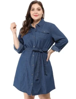 Agnes Orinda Women's Plus Size Long Sleeves Belted Above Knee Denim T-Shirt Dresses -Agnes Sales Store GUEST 07098661 a84e 4869 a128 73127dbd9495