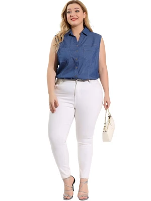 Agnes Orinda Plus Size Summer Tops For Women Sleeveless Button Down Work Shirts Chambray Blouses 2023 2 Agnes Orinda Plus Size Summer Tops For Women Sleeveless Button Down Work Shirts Chambray Blouses 2023 - Image 2