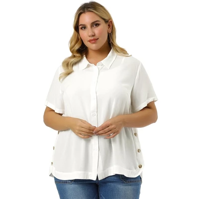 Agnes Orinda Women's Plus Size Sheer Button Front Side Slit Roll Up Sleeve Shirt 3 Agnes Orinda Women's Plus Size Sheer Button Front Side Slit Roll Up Sleeve Shirt - Image 3