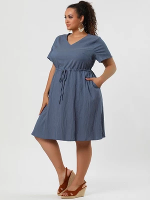 Agnes Orinda Women's Plus Size Tie Waist Short Sleeve Chambray Shirtdress 3 Agnes Orinda Women's Plus Size Tie Waist Short Sleeve Chambray Shirtdress - Image 3