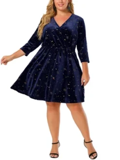 Agnes Orinda Women's Plus Size Velvet 3/4 Sleeve Elastic Waist Party Dress