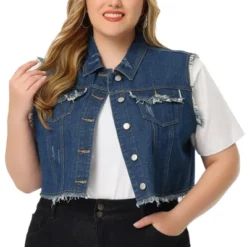 Agnes Orinda Women's Plus Size Jean Raw Hem Button Down Sleeveless Crop Denim Vest