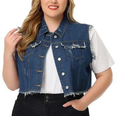 Agnes Orinda Women's Plus Size Jean Raw Hem Button Down Sleeveless Crop Denim Vest 1 Agnes Orinda Women's Plus Size Jean Raw Hem Button Down Sleeveless Crop Denim Vest