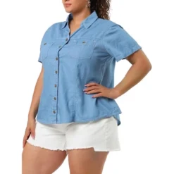 Agnes Orinda Women's Plus Size Jeans Short Sleeve Chest Pocket Button Down Denim Shirts -Agnes Sales Store GUEST 086b4369 82b4 4ecd 8539 4731d795a110