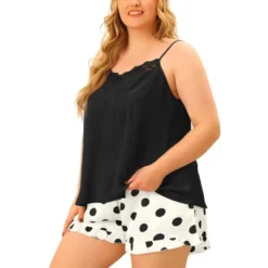 Agnes Orinda Women's Plus Size Polka Dots Sleep Short Satin Lace Trim Camisole Pajamas Set