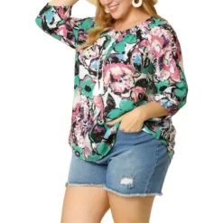 Agnes Orinda Women's Plus Size 3/4 Sleeves Self Tie Neck Floral Blouse -Agnes Sales Store GUEST 0964a284 28de 4f10 a2b9 f54c6b8dc392