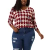 Agnes Orinda Women's Plus Size V Neck Argyle Long Sleeve Stretch Knit Pullover Top