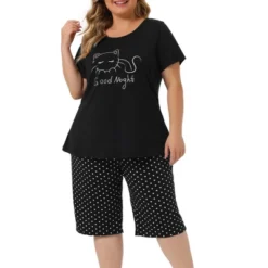 Agnes Orinda Women's Plus Size Sleeve Cute Cat Print 2 Pieces Short Pajama Sets