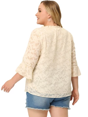 Agnes Orinda Plus Size Top For Women 3/4 Flare Sleeve V Neck Semi Sheer Blouses 3 Agnes Orinda Plus Size Top For Women 3/4 Flare Sleeve V Neck Semi Sheer Blouses - Image 3