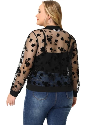 Agnes Orinda Women's Plus Size Bomber Mesh Sheer Floral Lace Long Sleeve Jackets 3 Agnes Orinda Women's Plus Size Bomber Mesh Sheer Floral Lace Long Sleeve Jackets - Image 3