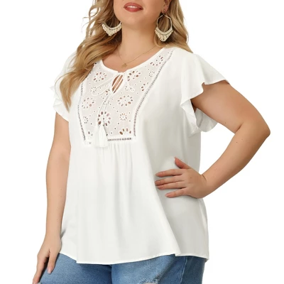 Agnes Orinda Women's Plus Size Blouse Ruffle Sleeve Lace Trim Tie Neck Peasant Top 6 Agnes Orinda Women's Plus Size Blouse Ruffle Sleeve Lace Trim Tie Neck Peasant Top - Image 6