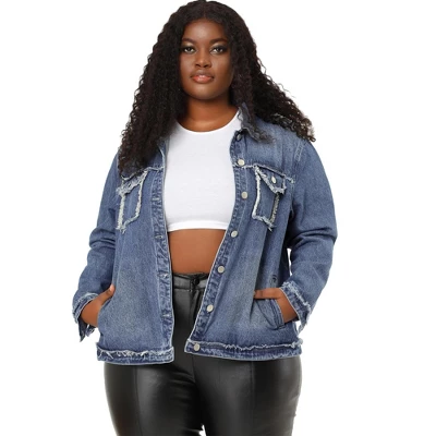 Agnes Orinda Women's Plus Size Button Down Frayed Chest Pockets Short Denim Jacket 2 Agnes Orinda Women's Plus Size Button Down Frayed Chest Pockets Short Denim Jacket - Image 2