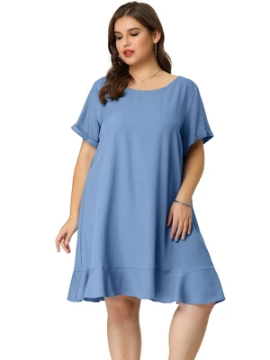 Agnes Orinda Women's Plus Size Belt Waist Ruffle Hem Chambray Shirt Dress 3 Agnes Orinda Women's Plus Size Belt Waist Ruffle Hem Chambray Shirt Dress - Image 3