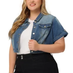 Agnes Orinda Plus Size Denim Jackets For Women Button Front Work Washed Rolled Sleeves Cropped Jean Jacket