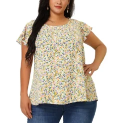 Agnes Orinda Women's Plus Size Floral Short Sleeve Casual Blouse