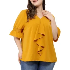 Agnes Orinda Women' S Plus Size V Neck Ruffle Smocked Sleeve Blouses
