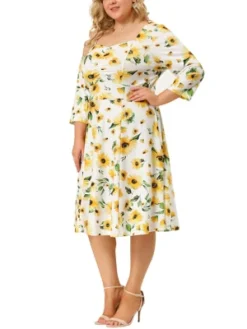 Agnes Orinda Women's Plus Size 3/4 Sleeve Sweetheart Neck Floral Midi Dress -Agnes Sales Store GUEST 0e105a58 de92 4e04 b087 a6a3f4cf1aa6