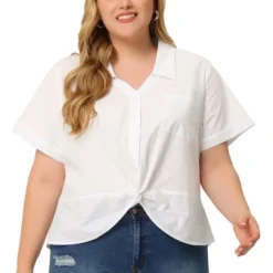 Agnes Orinda Women's Plus Size Flat Collar Twist Hem Chest Pocket Short Sleeve Shirt Top
