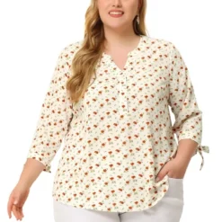 Agnes Orinda Women's Plus Size Shirt Floral Botton Up Tie 3/4 Sleeve Tunic V Neck Blouse -Agnes Sales Store GUEST 0f5ed857 862f 4d92 b81c 47a259d08f03