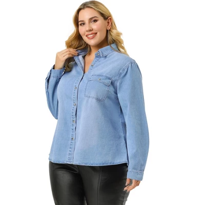 Agnes Orinda Women's Plus Size Denim Long Sleeve Chest Pocket Work Shirt 8 Agnes Orinda Women's Plus Size Denim Long Sleeve Chest Pocket Work Shirt - Image 8