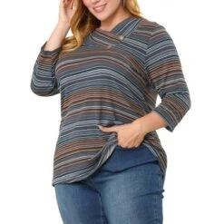 Agnes Orinda Women' S Plus Size 3/4 Sleeve V Neck Stripe Boho Knit Casual Blouse -Agnes Sales Store GUEST 103c836c 6d04 40af 9eef 0787edcd46df