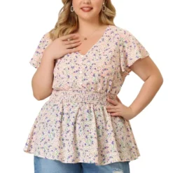 Agnes Orinda Women's Plus Size Peplum Top Flare Sleeve Casual V Neck Smocked Waist Floral Blouses -Agnes Sales Store GUEST 1066c2f6 0d74 45d7 a2f8 196c03ace7fa