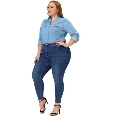 Agnes Orinda Women's Plus Size Jean High Waist Buckle Decor Slash Pocket Work Stretch Washed Denim Skinny Jeans 2 Agnes Orinda Women's Plus Size Jean High Waist Buckle Decor Slash Pocket Work Stretch Washed Denim Skinny Jeans - Image 2