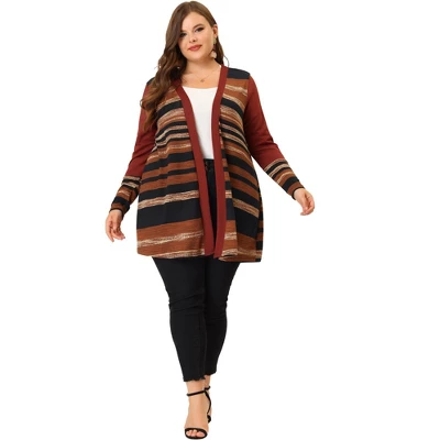Agnes Orinda Women's Plus Size Long Open Front Striped Sweater Knit Cardigans 2 Agnes Orinda Women's Plus Size Long Open Front Striped Sweater Knit Cardigans - Image 2