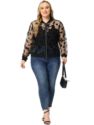 Agnes Orinda Women's Plus Size Bomber Mesh Sheer Floral Lace Long Sleeve Jackets 2 Agnes Orinda Women's Plus Size Bomber Mesh Sheer Floral Lace Long Sleeve Jackets - Image 2