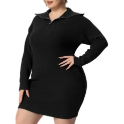 Agnes Orinda Women's Plus Size Knit Long Sleeve Zipper Collar Pullover Mini Sweater Dresses