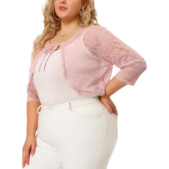 Agnes Orinda Women's Plus Size Shrug 3/4 Sleeves Lace Tie Neck Crop Bolero Cardigan