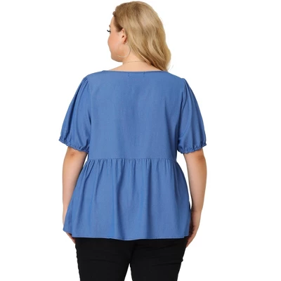 Agnes Orinda Women's Plus Size Blouse Short Sleeve V Neck Chambray Peplum Top 4 Agnes Orinda Women's Plus Size Blouse Short Sleeve V Neck Chambray Peplum Top - Image 4