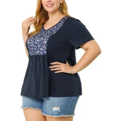 Agnes Orinda Women's Plus Size Top V Neck Floral Print Peplum Summer T Shirt -Agnes Sales Store GUEST 138ca3e8 7a92 453a 8053 9d0f974d4f0a