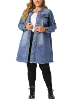 Agnes Orinda Women's Plus Size Long Sleeve Raw Hem Long Denim Jacket