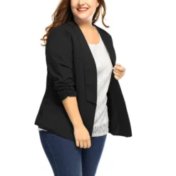 Agnes Orinda Women's Plus Size Fashion Formal With 3/4 Pleated Sleeves And Shawl Collar Blazers